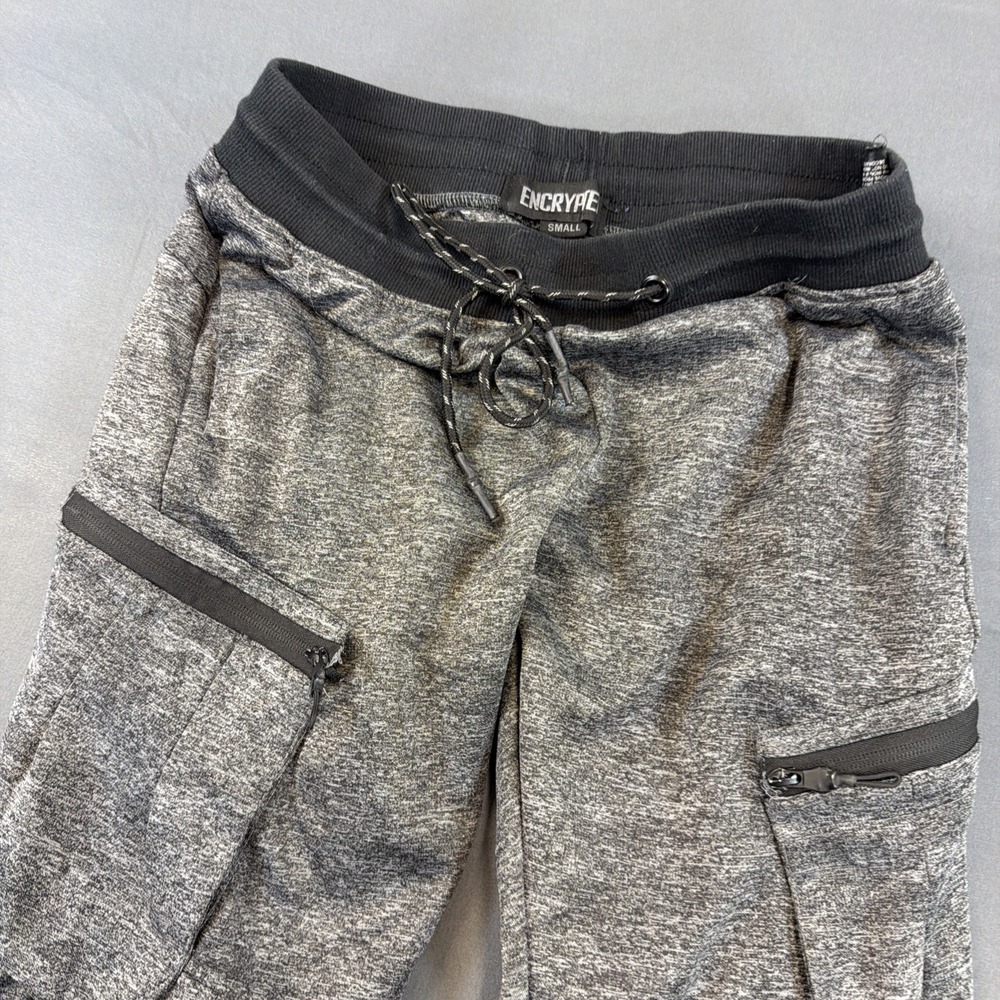 Encrypt brand heather gray cargo joggers black drawstring and zippered pockets S